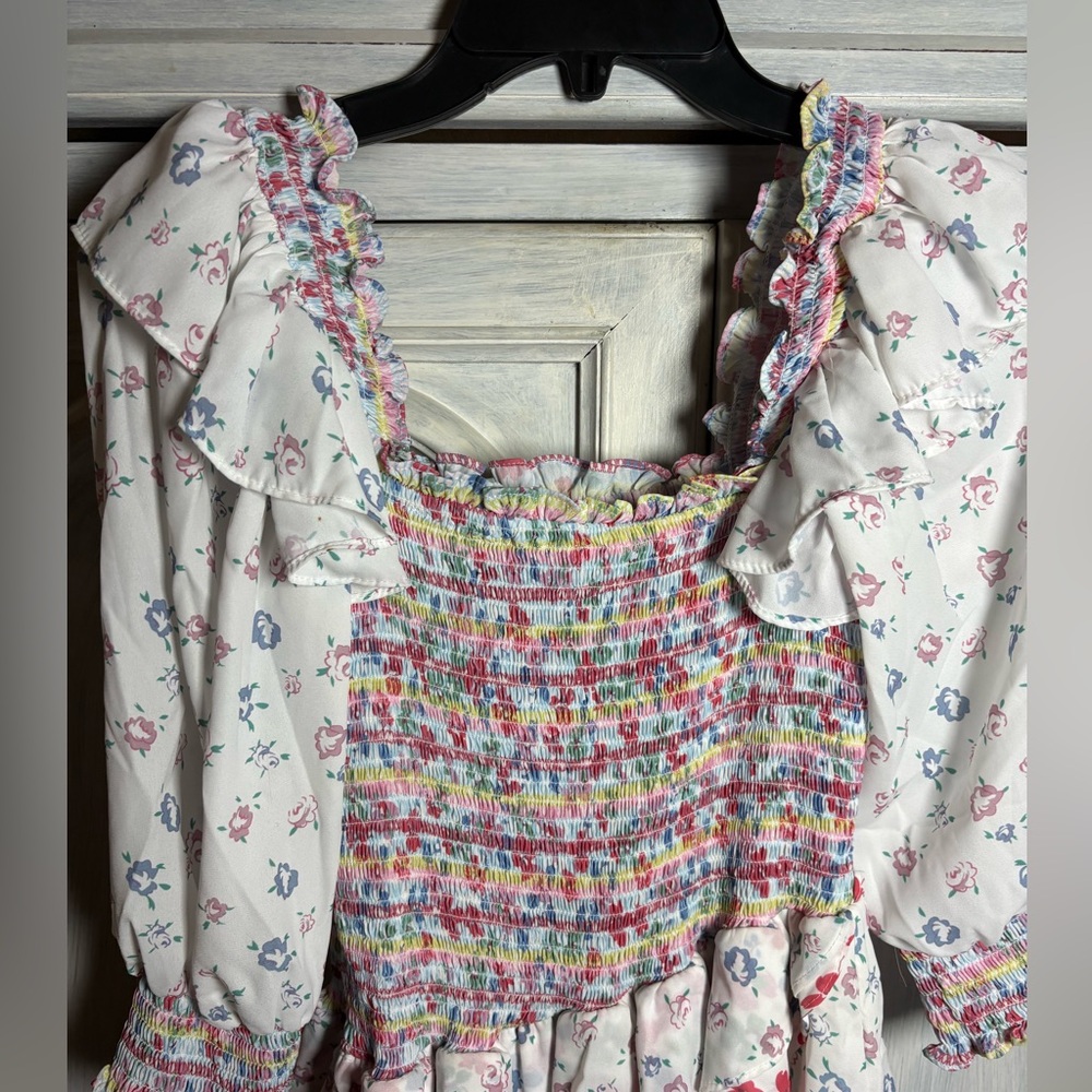Yvonne & Love Smocked Disty Floral Asymmetric Ruffle Mini‎ Dress Flirty Dainty - Picture 7 of 9